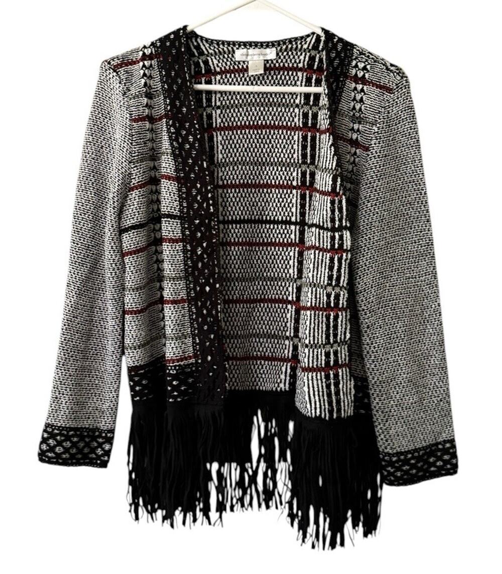 Christopher & Banks Women Size Small Open Front Crochet Faux Suede Fringe Chic